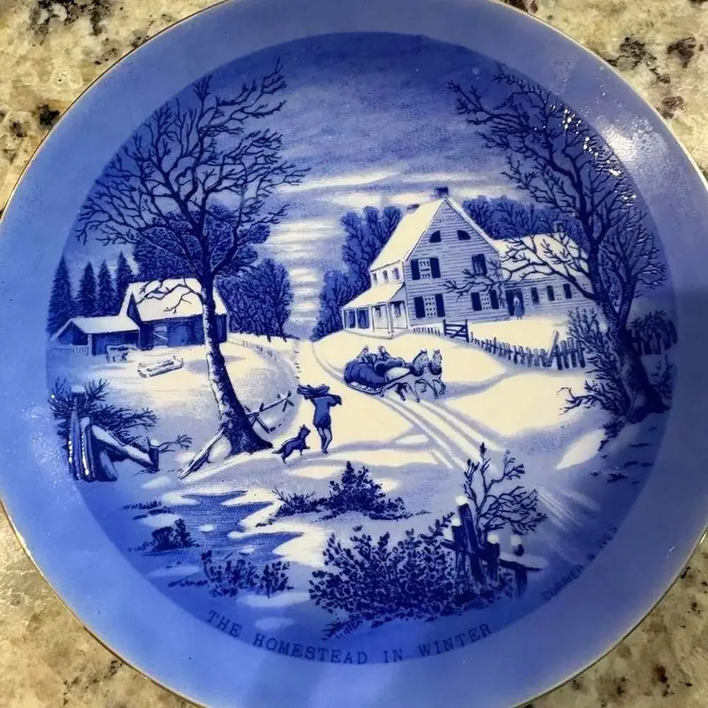 Currier & Ives Japanese Winter Scene Collector Plates Set of 4 Blue and White